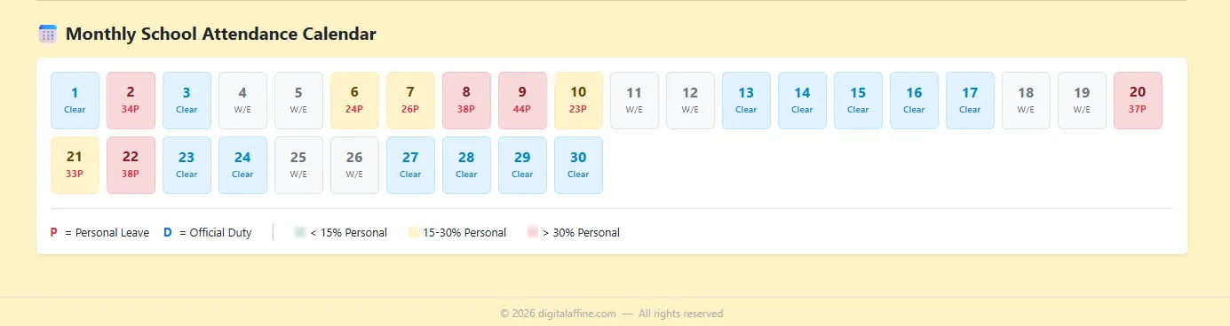 Monthly School Attendance Calendar shaded by percentage of personal leave