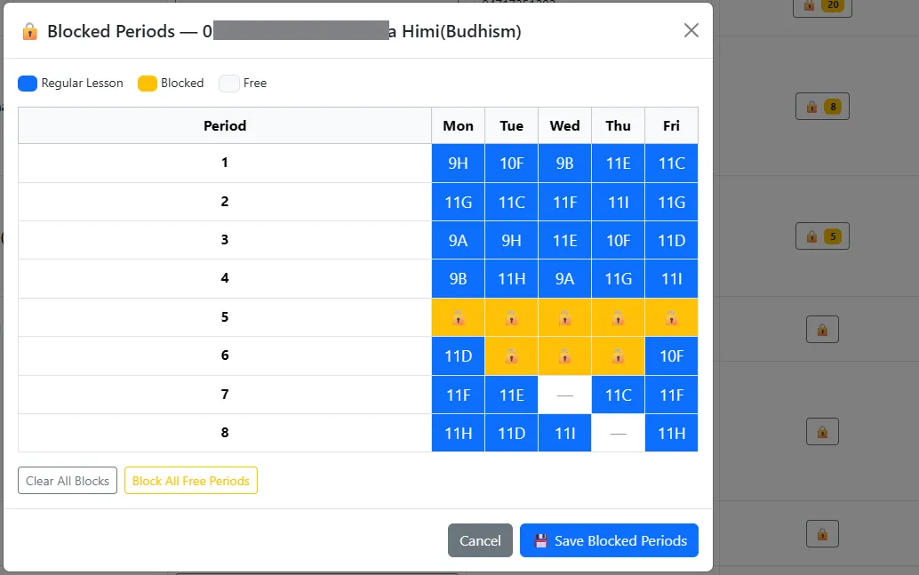 Blocked Periods grid for a teacher: regular lessons in blue, blocked periods in yellow