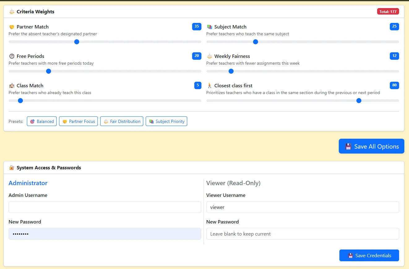 Criteria Weights screen with sliders and four presets