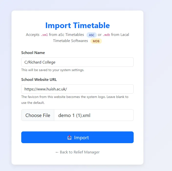 Import Timetable screen accepting aSc .xml or .mdb files