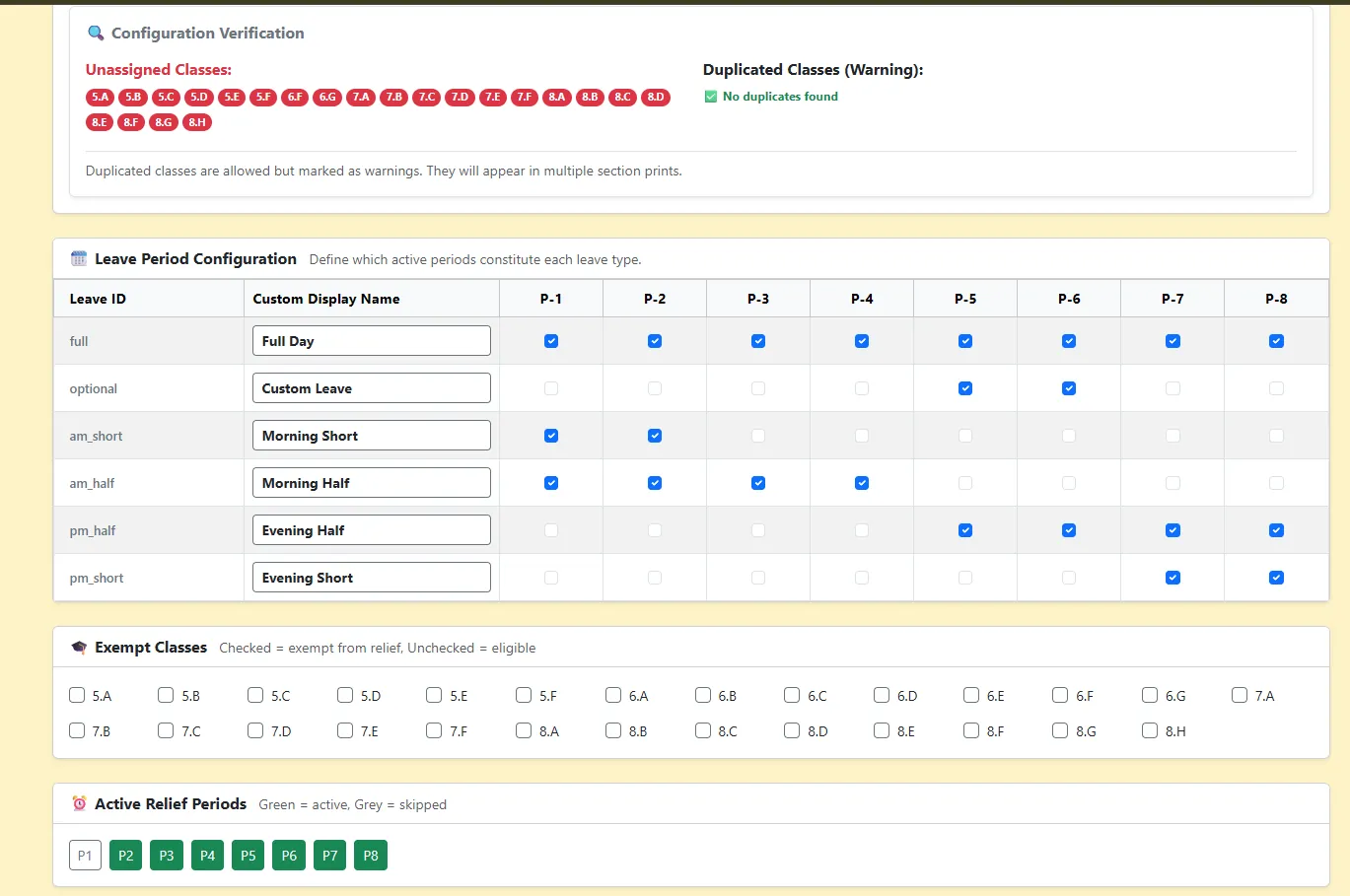 Leave Period Configuration, exempt classes and active relief periods