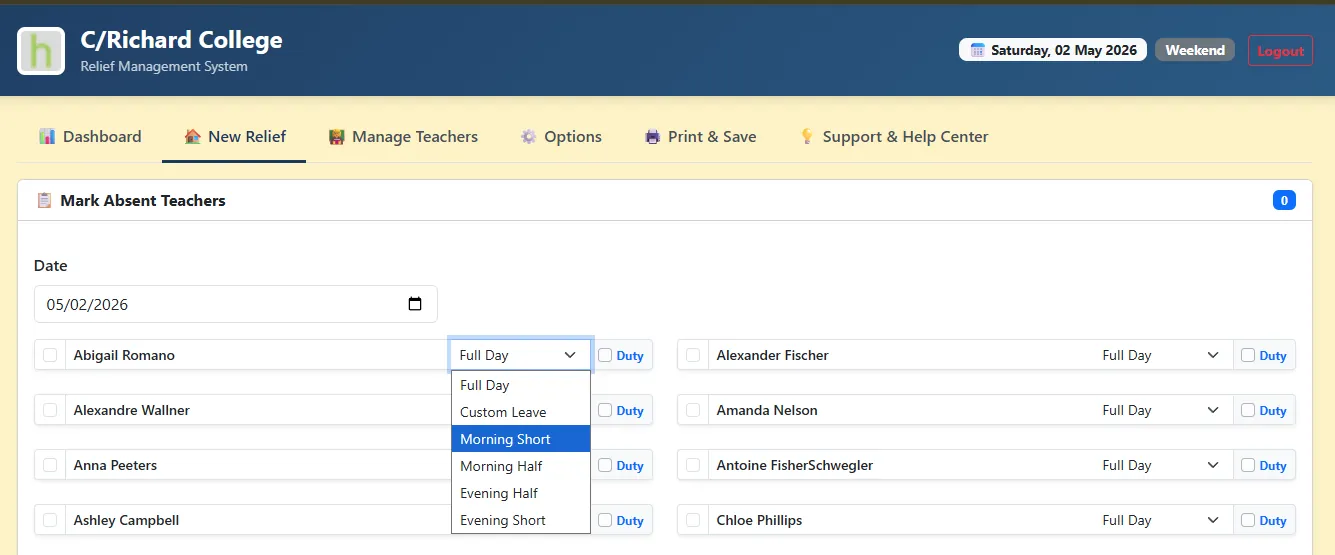Each morning: mark absent teachers