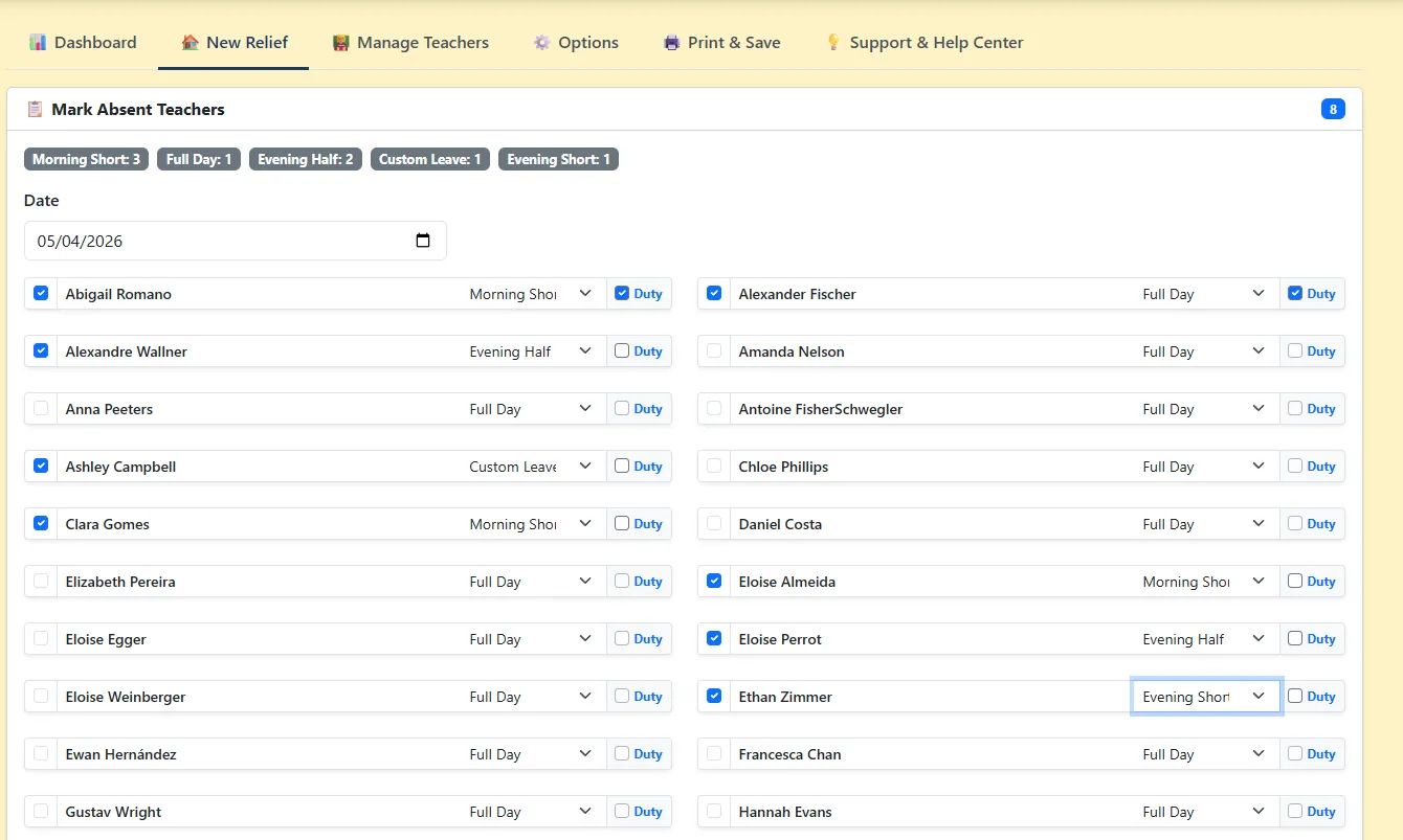 Mark Absent Teachers with a leave type per teacher and counts by leave type