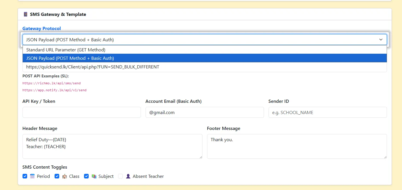 SMS gateway settings with GET and JSON POST options