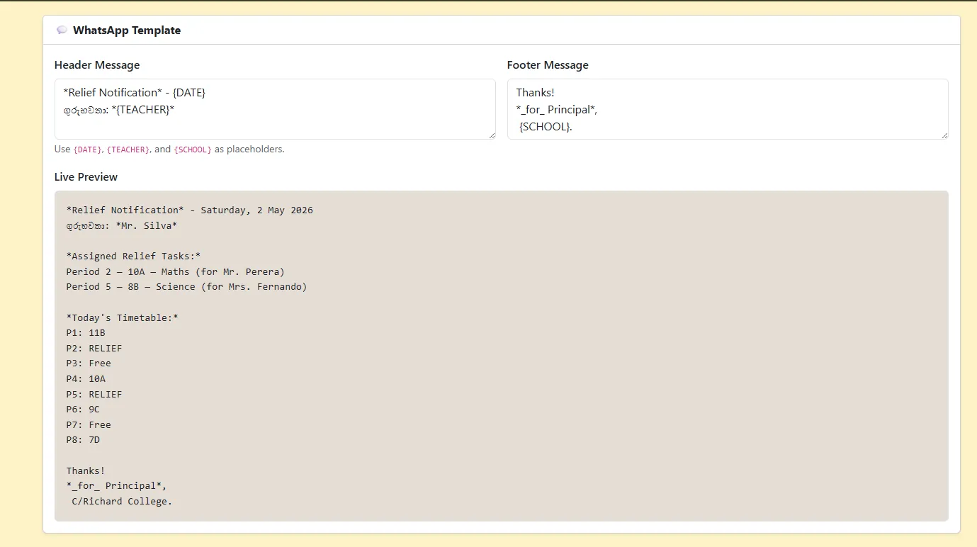 WhatsApp template editor with a Sinhala greeting and live preview